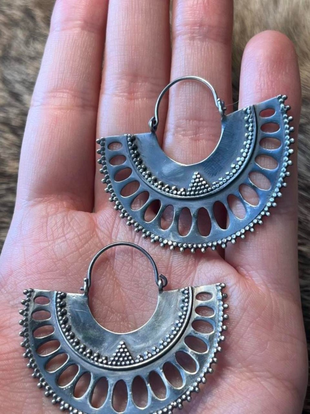 Sterling silver open work granulated fan earrings